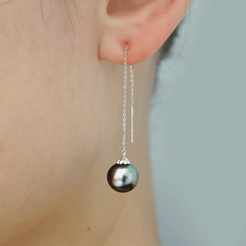 Simple Round Flawless 10mm Black Tahitian Pearl Drop Earrings 14K Rose Gold